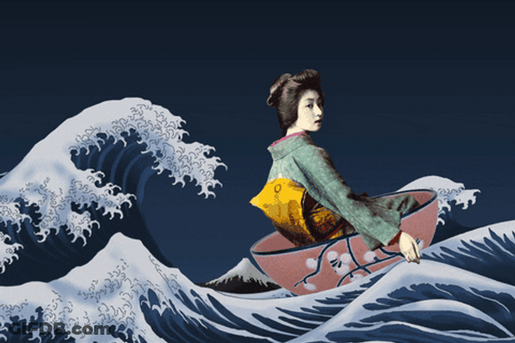 Woman Riding Along Japanese Wave GIF