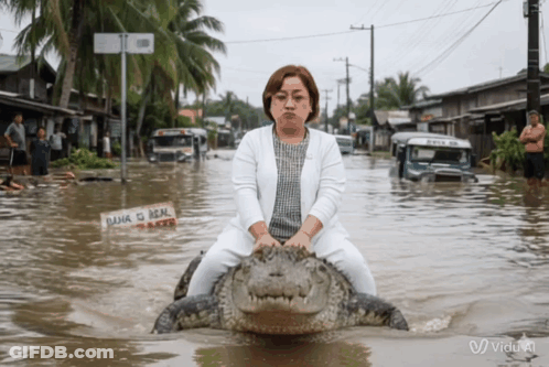Woman Riding Crocodile In Flooded Street GIF