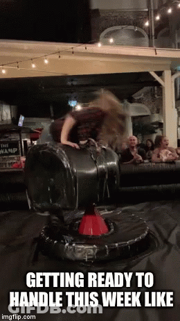 Woman Riding Mechanical Bull Getting Ready To Handle This Week Like GIF