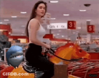 Woman Riding Mechanical Horse In Shopping Mall GIF