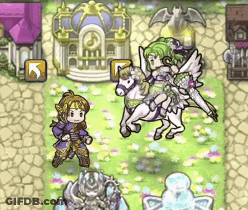 Woman Riding Pegasus In Video Game Next To Man GIF