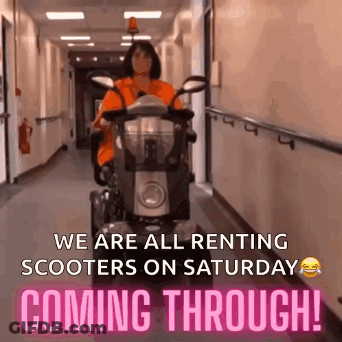 Woman Riding Scooter In Hallway GIF
