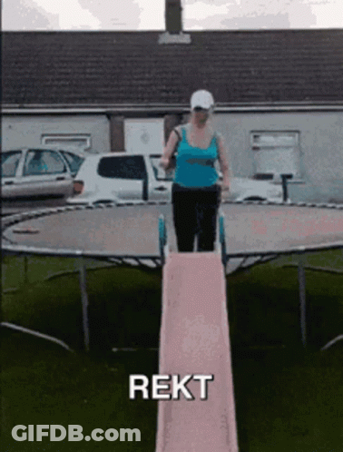 Woman Riding Slide On Trampoline Saying Rekt GIF