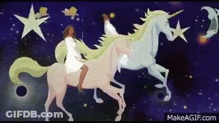 Woman Riding Unicorn In Night Sky GIF