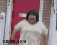 Woman Running Out Of Red Door GIF