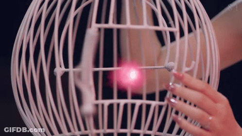 Woman's Hand Reaching Into Bird Cage With Pink Light GIF