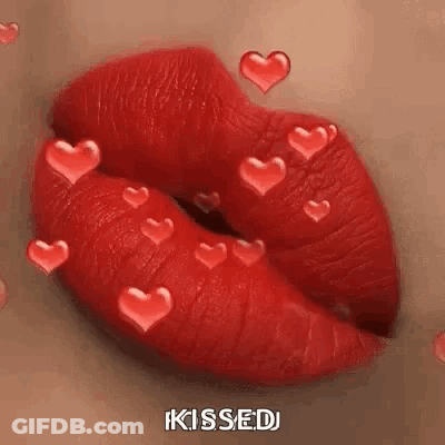 Woman's Lips With Red Lipstick And Hearts GIF