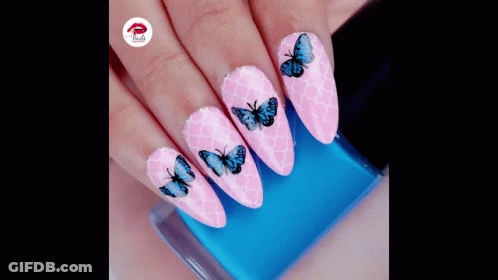 Woman's Pink Nails With Blue Butterflies And Nail Polish GIF