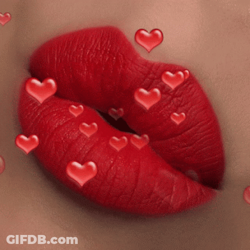 Woman's Red Lipstick Lips With Hearts GIF