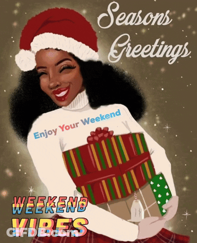 Woman Santa Hat Presents Seasons Greetings Weekend Vibes GIF