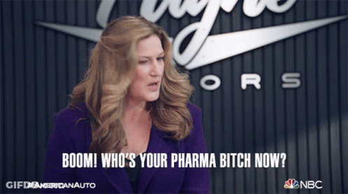Woman Saying Boom Who's Your Pharma Bitch Now With NBC Logo GIF