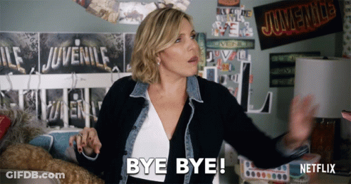 Woman Saying Bye Bye In Front Of Juvenile Banner GIF