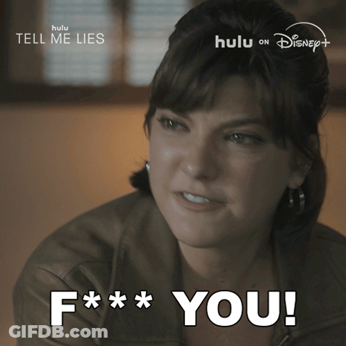 Woman Saying F You In Front Of Hulu On Disney Plus Sign GIF