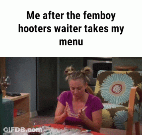 Woman Saying Me After Femboy Hooters Waiter Takes My Menu GIF
