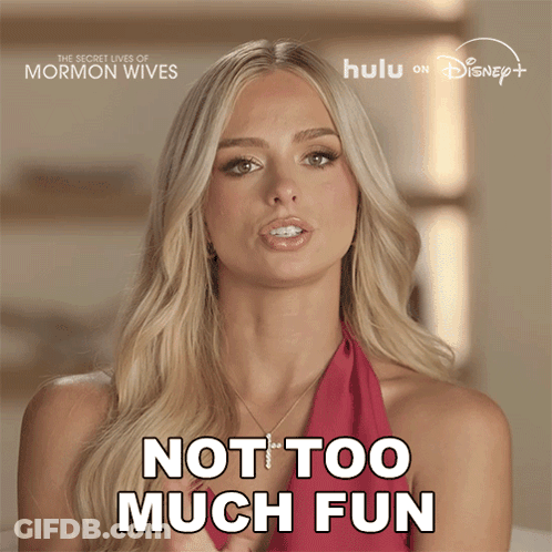 Woman Saying Not Too Much Fun In Front Of Secret Lives Of Mormon Wives Poster GIF