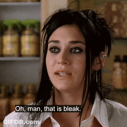 Woman Saying Oh Man That Is Bleak In Front Of Bottles GIF