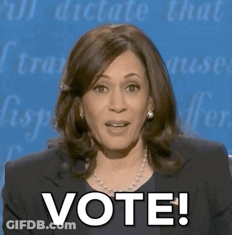 Woman Saying Vote In Front Of Blue Wall GIF