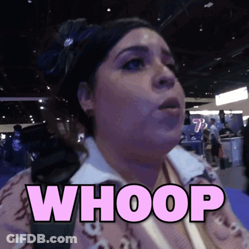 Woman Saying Whoop In Pink Letters On Blue Background GIF