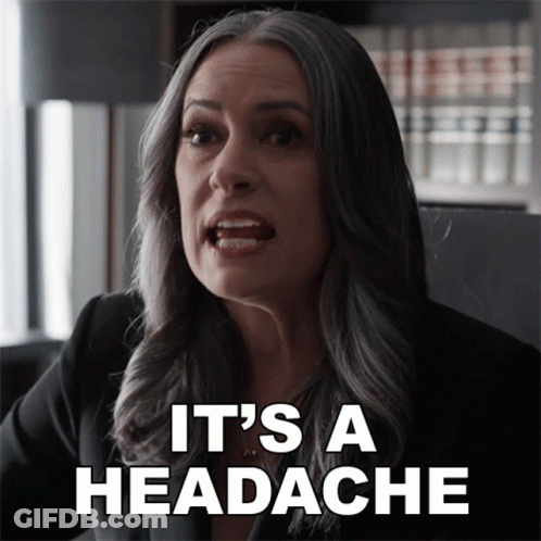 Woman Says It's A Headache In Front Of Bookcase GIF