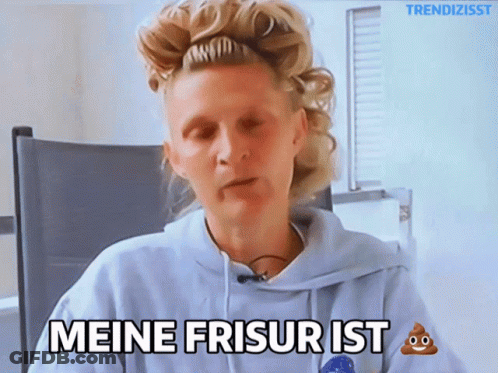 Woman Says Meine Frisur Ist With Poop Emoji GIF