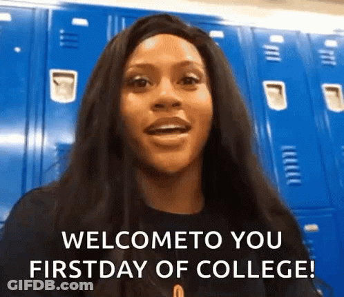Woman Says Welcome To Your First Day Of College In Front Of Blue Lockers GIF