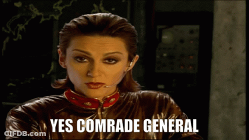 Woman Says Yes Comrade General In Front Of Monitor GIF