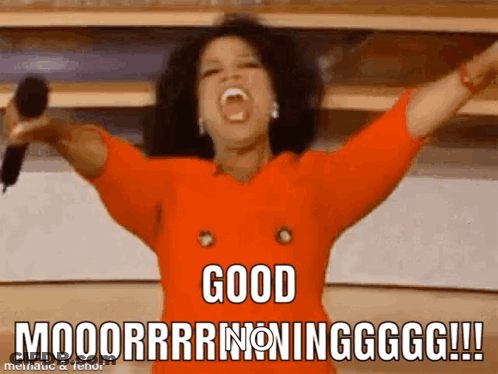 Woman Screaming Good Morning In Front Of Papers GIF
