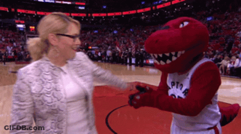 Woman Shaking Hands With Raptors Mascot GIF