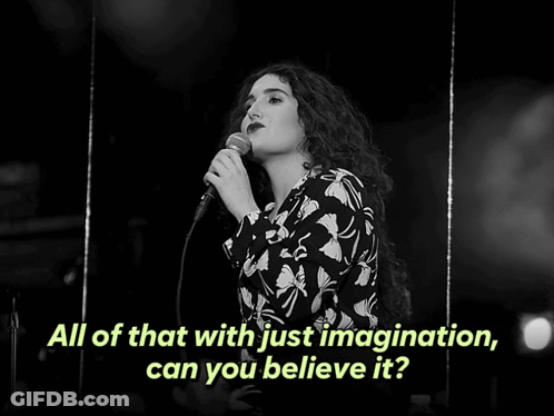 Woman Singing Into Microphone All Of That With Just Imagination Can You Believe It GIF