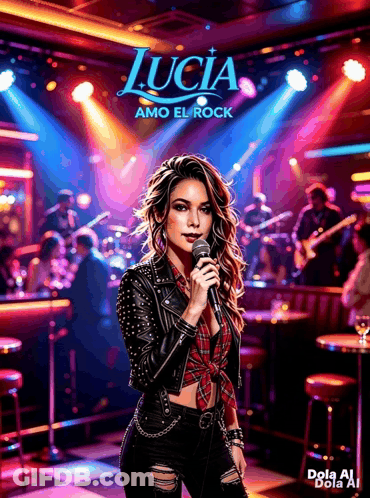 Woman Singing Into Microphone With Name Lucia Above Her GIF