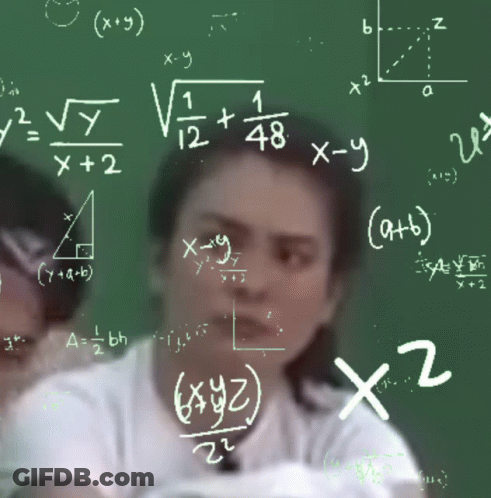 Woman Sitting At Chalkboard With Math Equations GIF