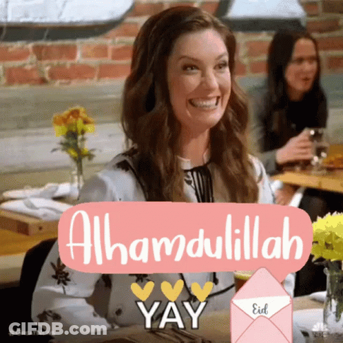 Woman Sitting At Pink Alhamdulillah Yay Sign GIF