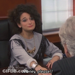 Woman Sitting At Table Asking For Money GIF