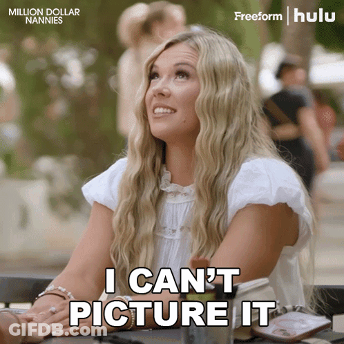 Woman Sitting At Table Saying I Can't Picture It GIF