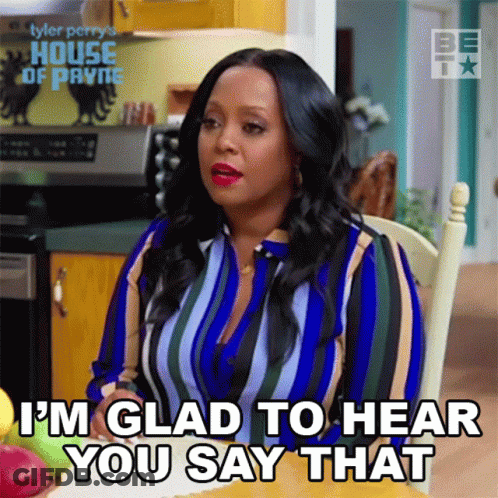 Woman Sitting At Table Says I'm Glad To Hear You Say That GIF