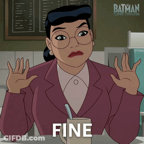Woman Sitting At Table With Coffee Saying Fine GIF