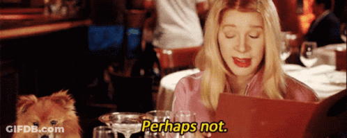 Woman Sitting At Table With Dog And Menu Saying Perhaps Not GIF