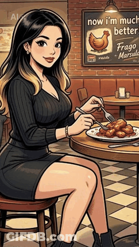 Woman Sitting At Table With Plate Of Food And Sign Saying Now I'm Much Better GIF
