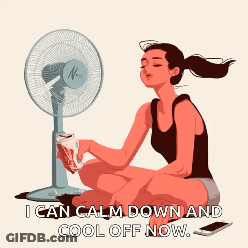 Woman Sitting By Fan Saying I Can Calm Down GIF
