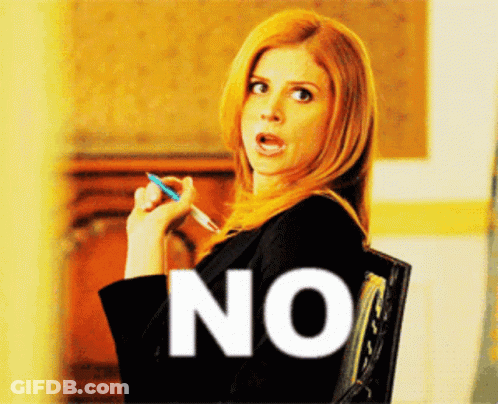 Woman Sitting In Chair Holding Pen Saying No GIF