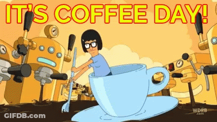 Woman Sitting In Coffee Cup With Mop GIF