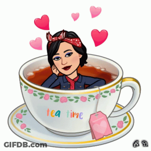 Woman Sitting In Cup Of Tea Saying Tea Time GIF