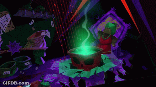 Woman Sitting In Front Of Cauldron With Green Smoke GIF