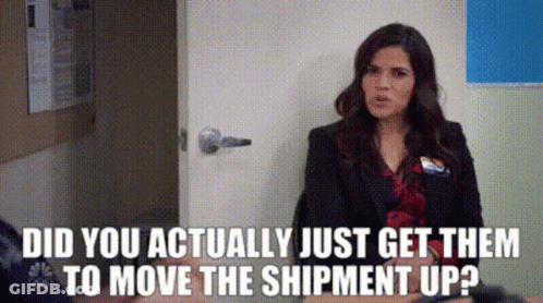 Woman Sitting In Front Of Door Saying Did You Actually Just Get Them To Move The Shipment Up GIF