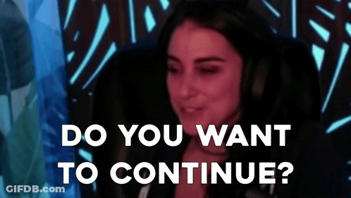 Woman Sitting In Front Of Microphone With Do You Want To Continue Behind Her GIF