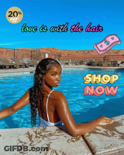 Woman Sitting In Pool Love Is With The Hair Shop Now GIF