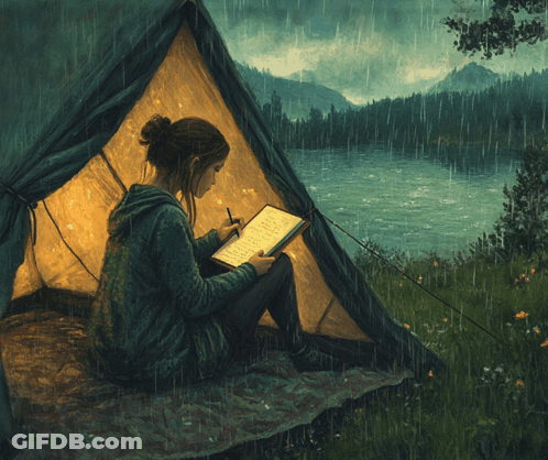 Woman Sitting In Tent Reading Book In The Rain GIF