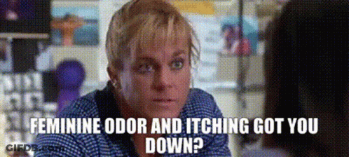 Woman Sitting Next To Feminine Odor And Itching GIF