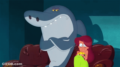 Woman Sitting Next To Shark Mouth Open GIF