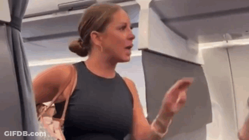 Woman Sitting On Airplane Talking To Another Woman Holding Purse GIF